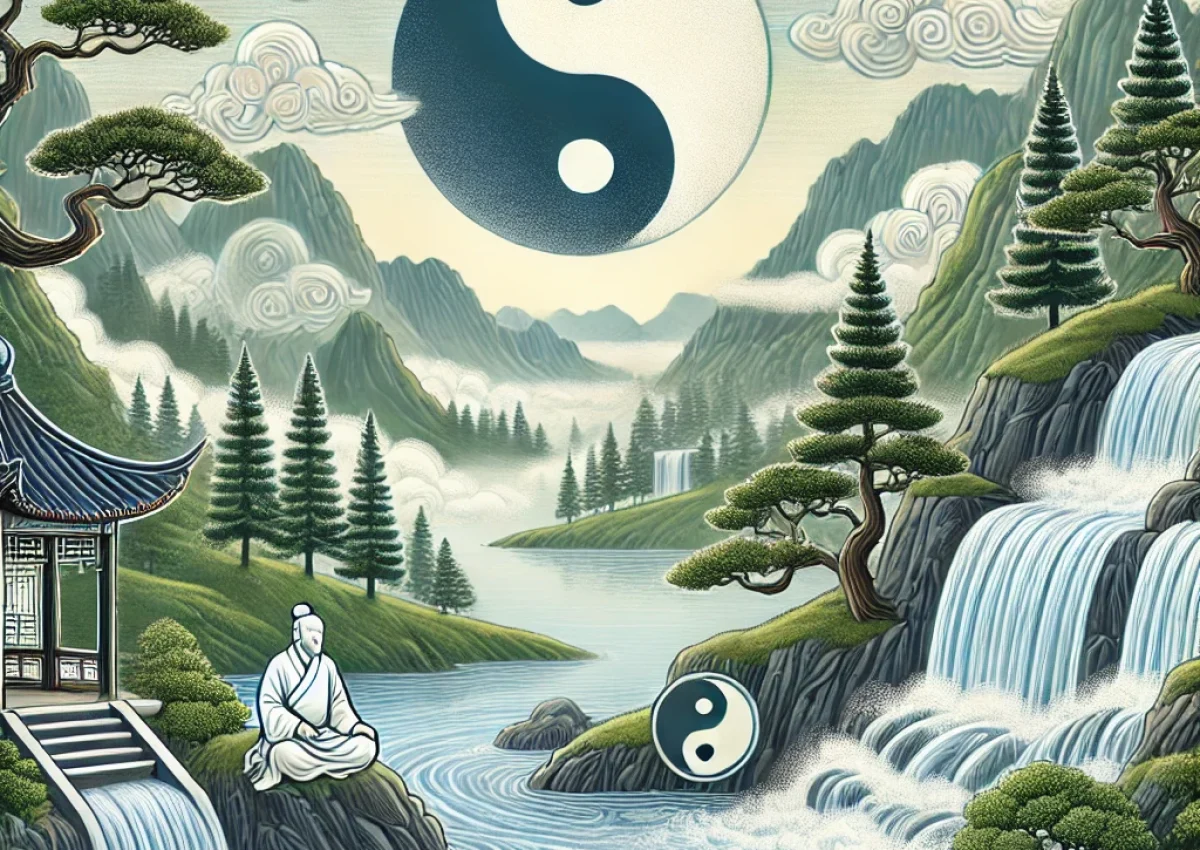 DALL·E 2024-09-20 20.17.27 - A serene image representing Daoist philosophy. The scene shows a peaceful mountain landscape with flowing rivers, symbolizing the balance of Yin and Y