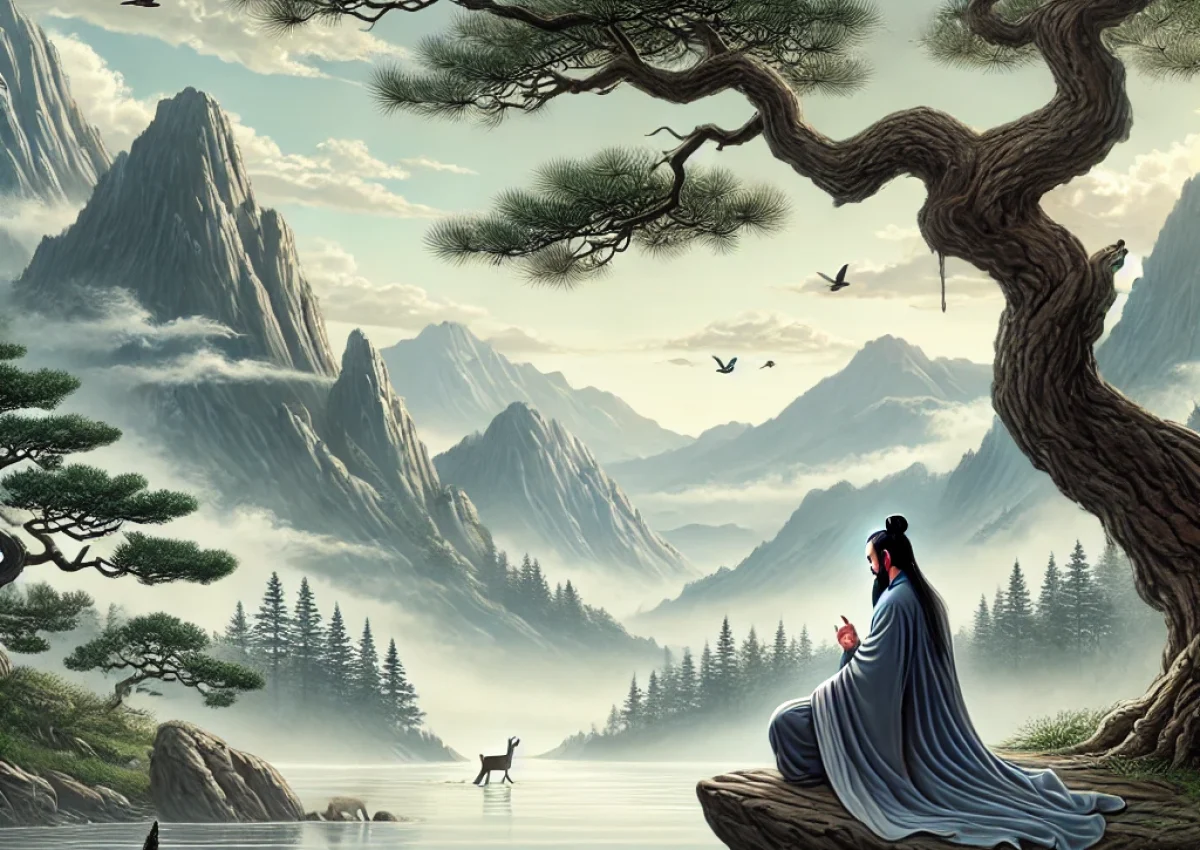 DALL·E 2024-10-06 00.13.00 - A serene Daoist landscape scene, capturing harmony with nature. In the foreground, a Daoist sage with flowing robes, sitting on a rock under a tall, a