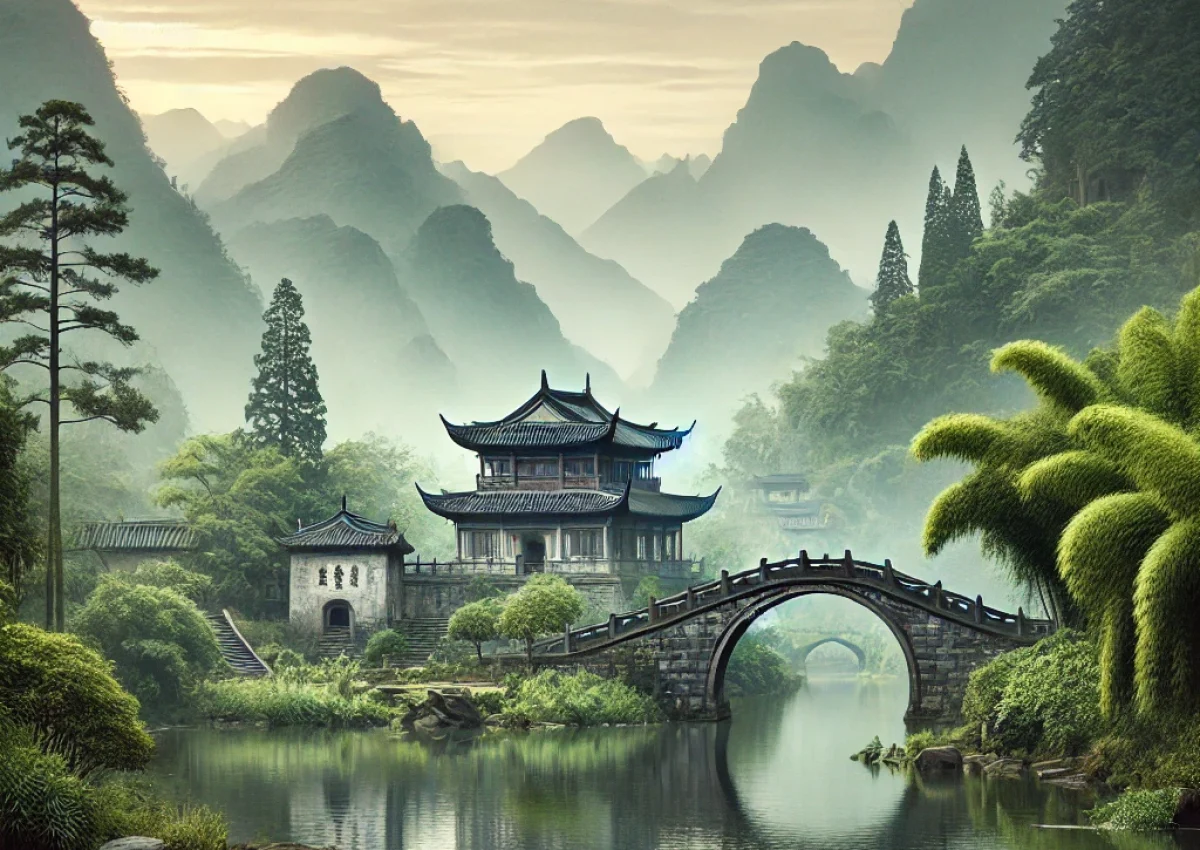 DALL·E 2024-10-10 14.16.23 - A tranquil Taoist landscape without people, featuring ancient stone temples nestled among misty mountains, with lush green bamboo and pine forests sur