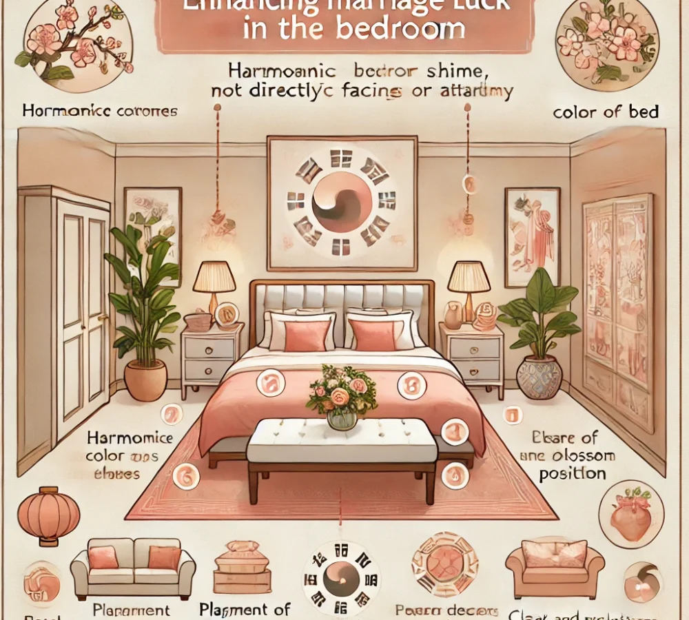 DALL·E 2024-11-12 14.37.15 - A Feng Shui guide to enhancing marriage luck in the bedroom. The illustration should show a cozy bedroom layout with key Feng Shui elements labeled, s