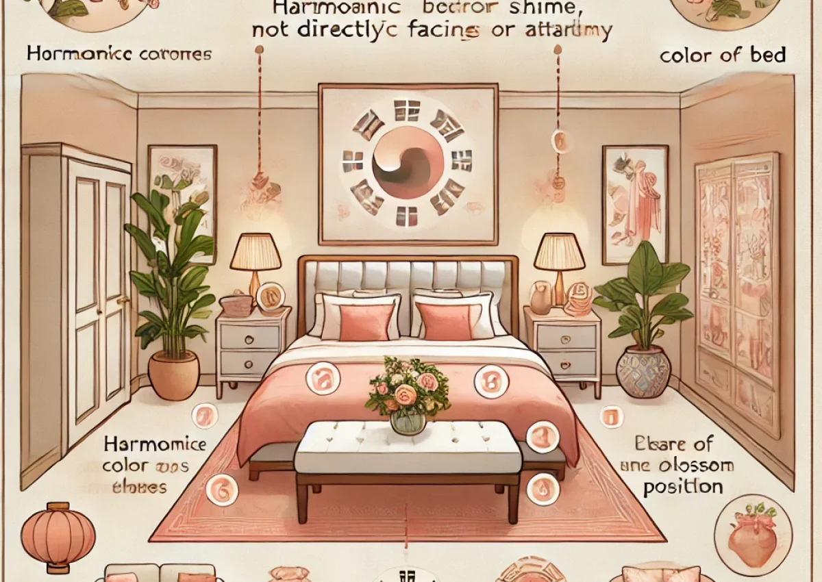 DALL·E 2024-11-12 14.37.15 - A Feng Shui guide to enhancing marriage luck in the bedroom. The illustration should show a cozy bedroom layout with key Feng Shui elements labeled, s